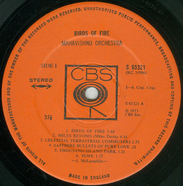 Image of Label Cover of 4714102C: LP - MAHAVISHNU ORCHESTRA, Birds of Fire (CBS Orange (33 1/3 On Label); 65321, UK 1973, Textured Sleeve, No Inner) Ring wear and stain to sleeve. Scuffs to disc.  VG/VG