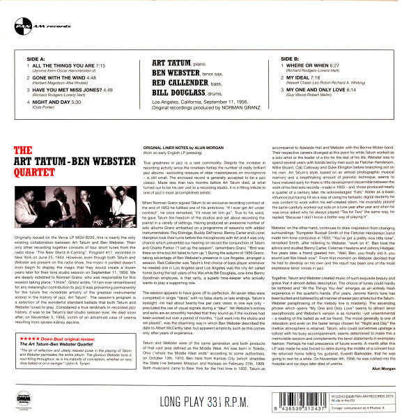 Image of Back Cover of 4724142E: LP - THE ART TATUM   BEN WEBSTER QUARTET, The Art Tatum   Ben Webster Quartet (Pan Am Records; 9152243, Europe 2015)   EX/EX