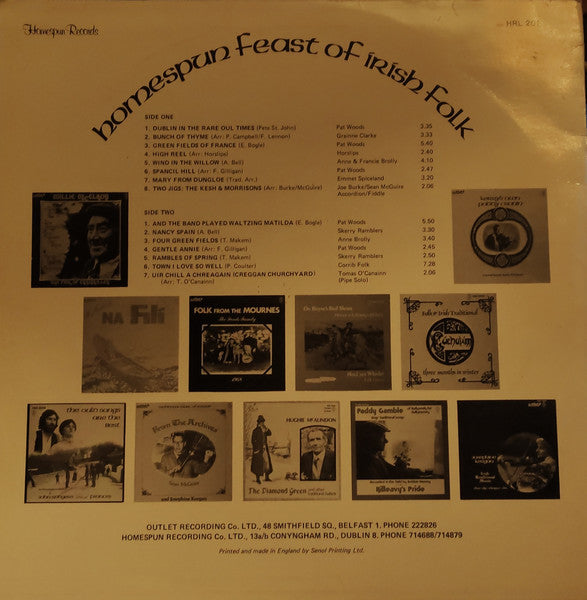 Image of Back Cover of 4744103S: LP - VARIOUS, Homespun Feast Of irish Folk (Homespun Records; HRL 201, Ireland 1983) Sleeve is nicely intact but has some sticker damage and writing on back  VG/VG+