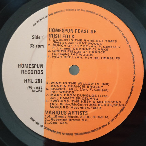 Image of Label Cover of 4744103S: LP - VARIOUS, Homespun Feast Of irish Folk (Homespun Records; HRL 201, Ireland 1983) Sleeve is nicely intact but has some sticker damage and writing on back  VG/VG+