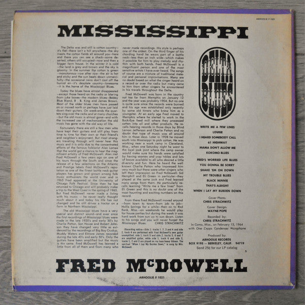 Image of Back Cover of 4724115E: LP - MISSISSIPPI FRED MCDOWELL, Delta Blues (Arhoolie Records; F 1021, US 1964, Pasteback Sleeve, BOX 5073 on Rear Sleeve, Mono) Spine Worn, Strong VG  VG/VG