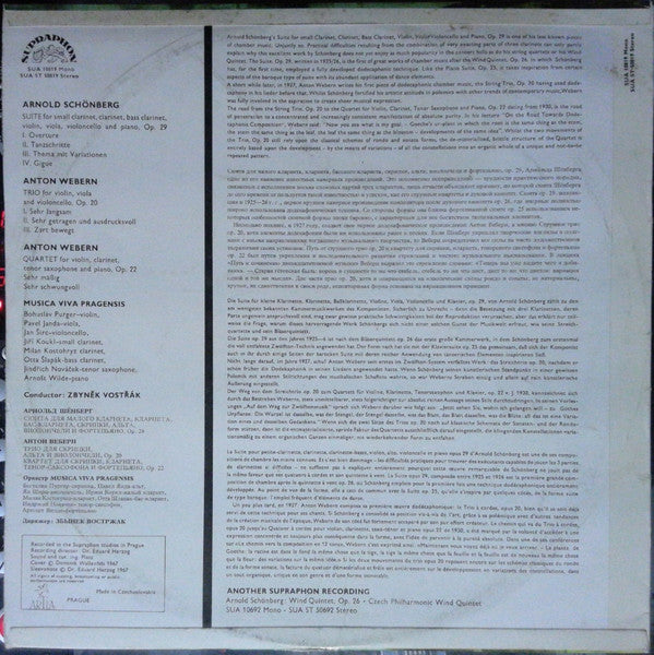 Image of Back Cover of LP - VG+/VG+ - SCH NBERG / WEBERN / MUSICA VIVA PRAGENSIS, Suite Op. 29 / Trio Op. 20 / Quartet Op. 22 (Supraphon Red Label; SUA 10819, Czechoslovakia 1967, Laminated Front Sleeve, Stereo), ,  - 2325163E