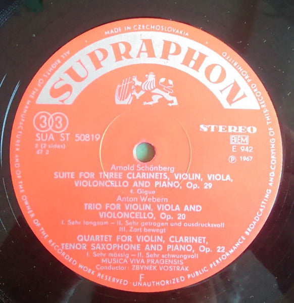 Image of Label Cover of LP - VG+/VG+ - SCH NBERG / WEBERN / MUSICA VIVA PRAGENSIS, Suite Op. 29 / Trio Op. 20 / Quartet Op. 22 (Supraphon Red Label; SUA 10819, Czechoslovakia 1967, Laminated Front Sleeve, Stereo), ,  - 2325163E