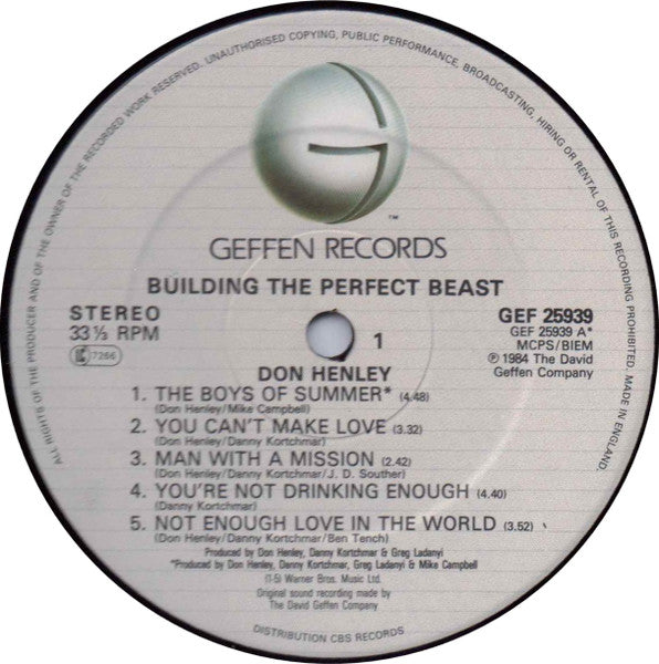 Image of Label Cover of LP - VG/VG+ - DON HENLEY, Building The Perfect Beast (Geffen Records; GEF 25939, UK 1984, Insert), ,  - 4326050E