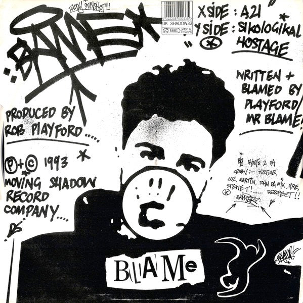 Image of Back Cover of 4714386C: 12" - BLAME, A21 / Sikological Hostage (Moving Shadow; SHADOW 33, UK 1993) Light Marks only, sleeve in very nice condition  VG/VG