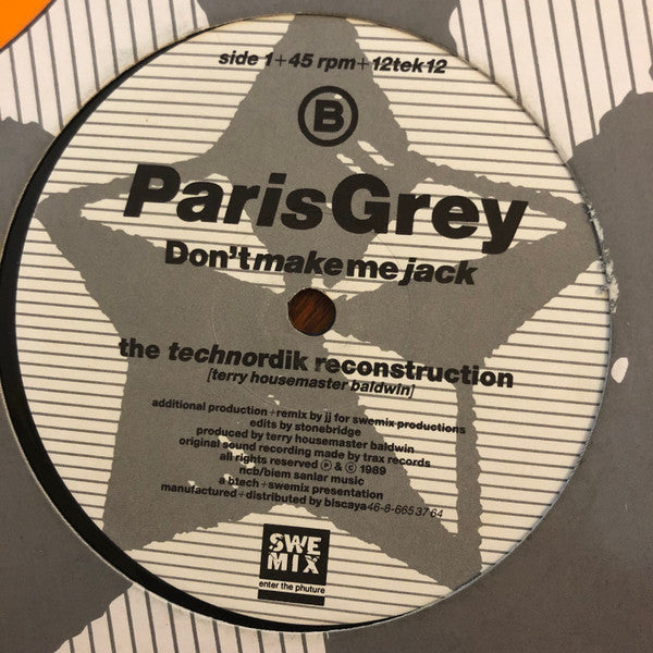 Image of Back Cover of 12" - VG+/VG - PARIS GREY, Don't Make Me Jack (Btech; 12tek12, Sweden 1989, Company Sleeve), ,  - 2546131S