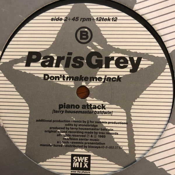 Image of Label Cover of 12" - VG+/VG - PARIS GREY, Don't Make Me Jack (Btech; 12tek12, Sweden 1989, Company Sleeve), ,  - 2546131S