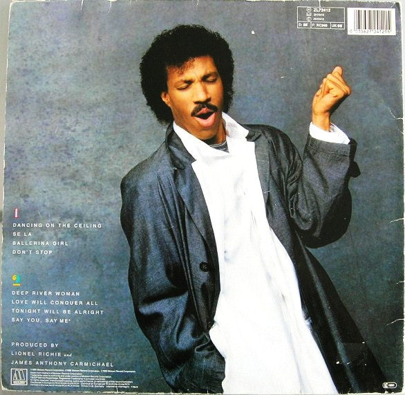 Image of Back Cover of 4714407C: LP - LIONEL RICHIE, Dancing On The Ceiling (Motown; ZL72412, Europe 1986, Embossed Gatefold Sleeve, Inner) Hype sticker, light marks only.  VG/VG