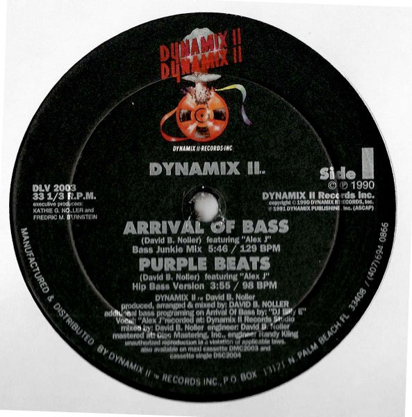 Image of Front Cover of 4714426C: 12" - DYNAMIX II, Arrival Of Bass / Purple Beats (Dynamix II Records Inc.; DLV 2003, US 1990, Company Sleeve) Label creased, worn, stained. Sleeve shrink-wrapped with bumped corner and some edge wear  VG/VG