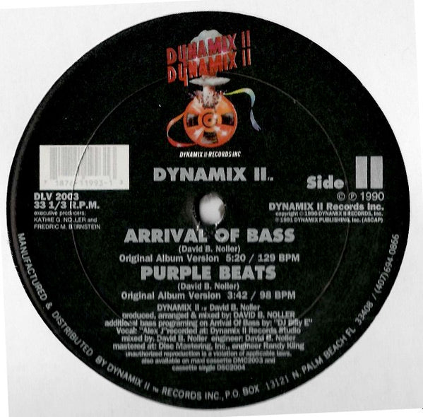 Image of Back Cover of 4714426C: 12" - DYNAMIX II, Arrival Of Bass / Purple Beats (Dynamix II Records Inc.; DLV 2003, US 1990, Company Sleeve) Label creased, worn, stained. Sleeve shrink-wrapped with bumped corner and some edge wear  VG/VG