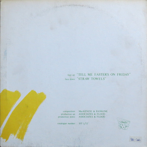 Image of Back Cover of 4744179S: 12" - THE ASSOCIATES, Tell Me Easter's On Friday (Situation Two; SIT 1/12", UK 1982 Reissue, Picture Sleeve, WEA Pressing, Town House Matrix) Inctact sleeve with some wear and marks on both sides. Pristine disc.  VG/VG+