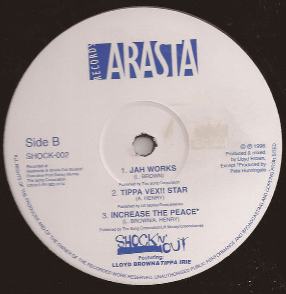 Image of Front Cover of 4714503C: 12" - SHOCK 'N' OUT FEATURING LLOYD BROWN & TIPPA IRIE, Straight No Chaser (Arasta; SHOCK-002, UK 1996) Lots of marks, quite crackly on B1 and B2, still enjoyable.  /G