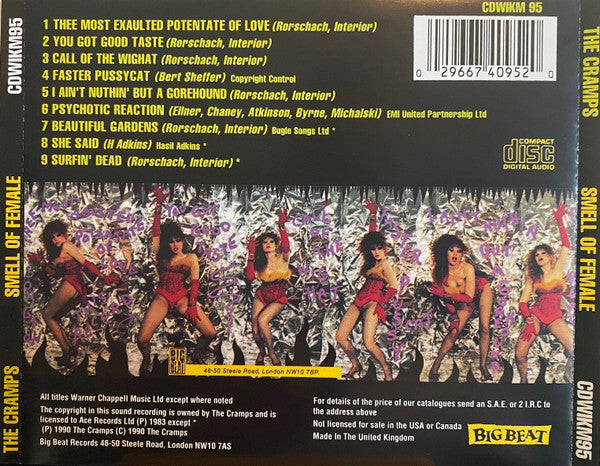 Image of Back Cover of 4714470C: CD - THE CRAMPS, Smell Of Female (Big Beat Records; CDWIKM95, UK & Europe 1990s Reissue, Jewel Case, Insert) Very light spots of fogging, Plays well  VG/VG