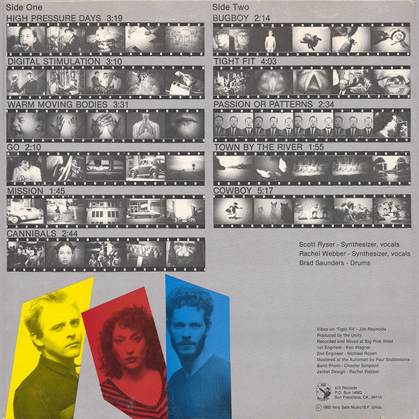 Image of Back Cover of 4744245S: LP - UNITS, Digital Stimulation (415 Records; A-0003, US 1980, No Insert) Edge and light ring wear, light moisture stain on front cover. Disc has a crack at very beginning of side A, otherwise would be a strong VG.  VG/F