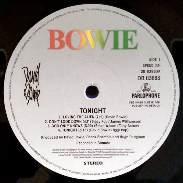 Image of Label Cover of LP - NEW/NEW - DAVID BOWIE, Tonight (Parlophone; 0190295692094, Worldwide 2019 Reissue), ,  - 0416190C