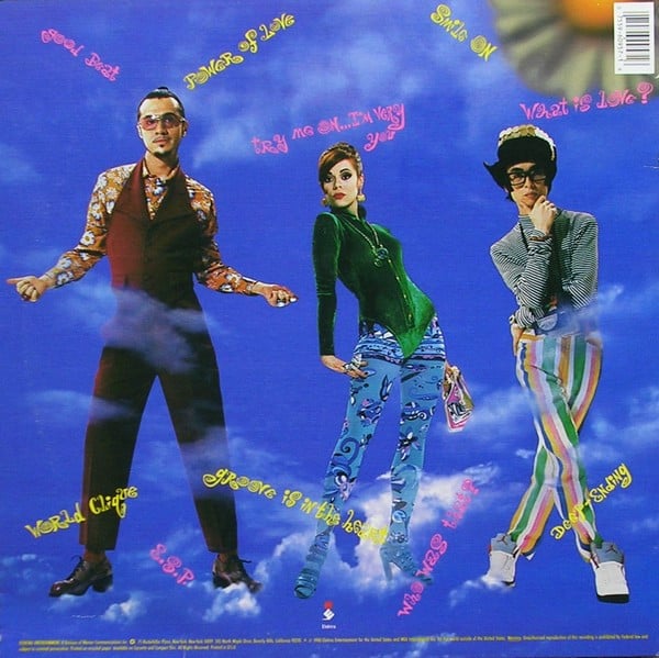Image of Back Cover of LP - VG+/G+ - DEEE-LITE, World Clique (Elektra; 9 60957-1, US 1990, Picture Sleeve, Inner), lots of light hairlines/marks - nothing major. still in shrink - opened w/ hype sticker. original printed inner - creasing and tears,  - 2846056S