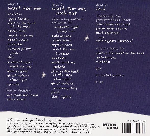 Image of Back Cover of 4734236E: 3xCD - MOBY, Wait For Me. (Little Idiot; idiot001x, Europe 2009, Quadruple Digipak, Booklet, DVD)   VG+/VG+