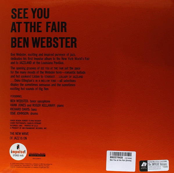 Image of Back Cover of 4744288S: 2x12" - BEN WEBSTER, See You At The Fair (Analogue Productions; AIPJ 65,  2009 Reissue, Gatefold, Limited Edition, 45RPM, Remastered, Numbered) Strong VG+ all around, beautiful copy.   VG+/VG+