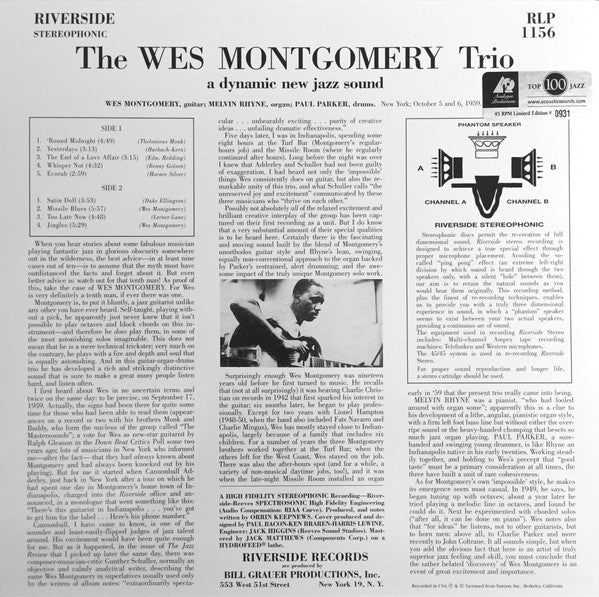 Image of Back Cover of 4744289S: 2xLP - THE WES MONTGOMERY TRIO, A Dynamic New Sound: Guitar/Organ/Drums (Analogue Productions; AJAZ 1156, US 2006 Reissue, Insert) Strong VG+, beautiful copy. Numbered 0576.  VG+/VG+