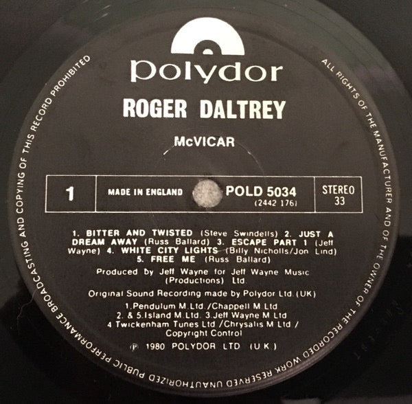 Image of Label Cover of 4714655C: LP - ROGER DALTREY, McVicar (Original Soundtrack Recording) (Polydor; POLD 5034, UK & Europe 1980, Silver German Sleeve)   VG/VG+