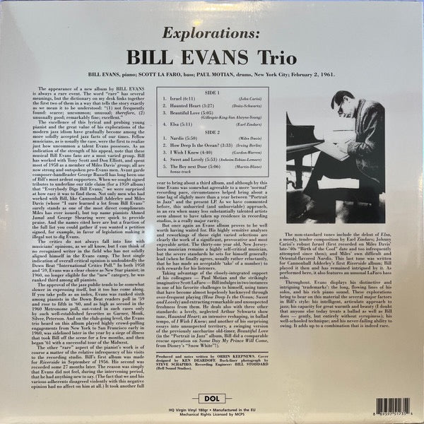 Image of Back Cover of 4854173S: LP - BILL EVANS TRIO, Explorations (DOL; DOL1235H, Europe 2024 Reissue)   NEW/NEW