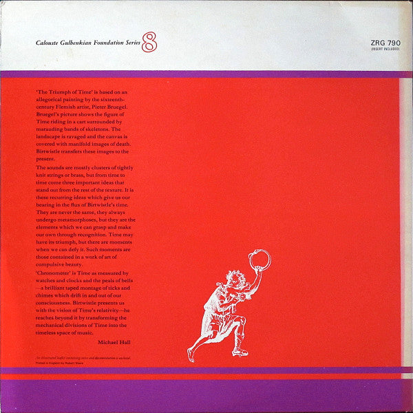 Image of Back Cover of 4744364S: LP - HARRISON BIRTWISTLE, The Triumph Of Time / Chronometer (Argo; ZRG 790, UK 1975, Gatefold, Company Inner & Booklet) A few light hairlines on A side. Light general wear to sleeve.  VG+/VG+