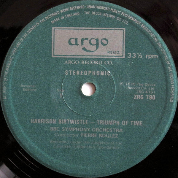 Image of Label Cover of 4744364S: LP - HARRISON BIRTWISTLE, The Triumph Of Time / Chronometer (Argo; ZRG 790, UK 1975, Gatefold, Company Inner & Booklet) A few light hairlines on A side. Light general wear to sleeve.  VG+/VG+