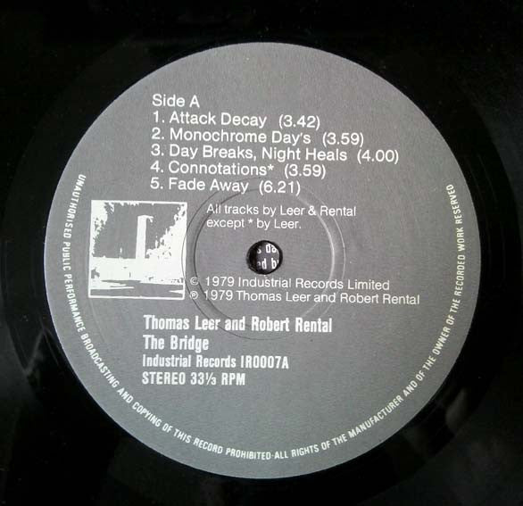 Image of Label Cover of LP - VG+/VG+ - THOMAS LEER & ROBERT RENTAL, The Bridge (Industrial Records; IR0007, UK 1979), Strong VG+,  - 2826078E