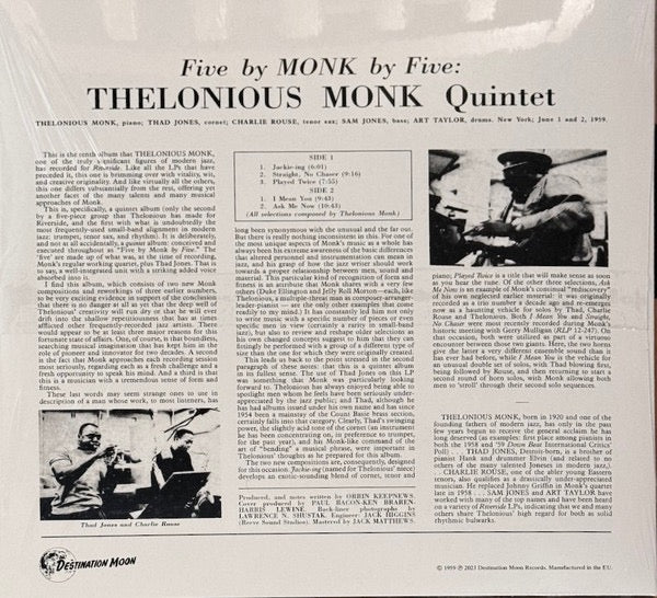 Image of Back Cover of 4714689C: LP - THE THELONIOUS MONK QUINTET, 5 By Monk By 5 (Destination Moon; DMOO054,  2024 Reissue, Clear Vinyl, Numbered)   NEW/NEW