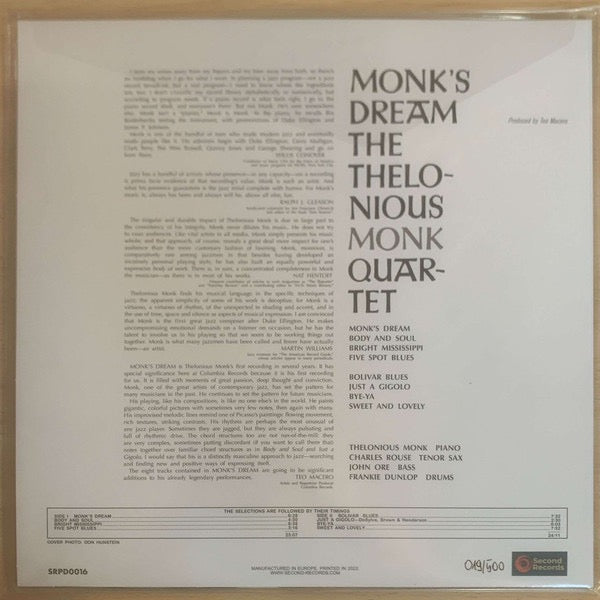 Image of Back Cover of 4714691C: LP - THE THELONIOUS MONK QUARTET, Monk's Dream (Second Records; SRPD0016SP, Europe 2023 Reissue, 180 Gram Vinyl, White Splatter )   NEW/NEW