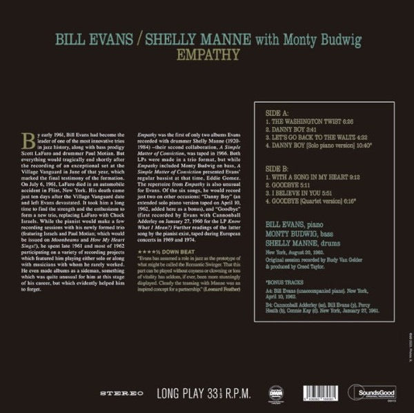 Image of Back Cover of 4714722C: LP - BILL EVANS, SHELLY MANNE, MONTY BUDWIG, Empathy (SoundsGood Original Recordings; 66413, Europe 2023 Reissue, 180 Gram Vinyl)   NEW/NEW