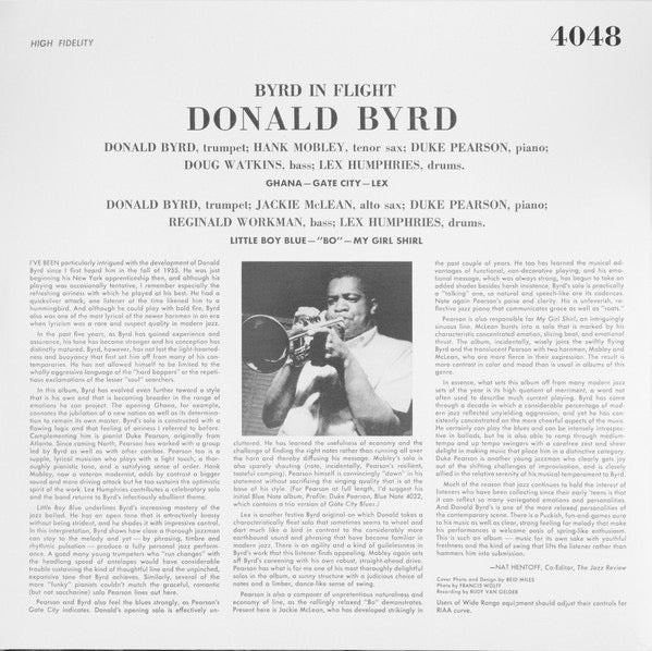 Image of Back Cover of 4714734C: LP - DONALD BYRD, Byrd In Flight (Rat Pack Records; BLP 4048, Europe 2024 Reissue, 180 Gram Vinyl)   NEW/NEW