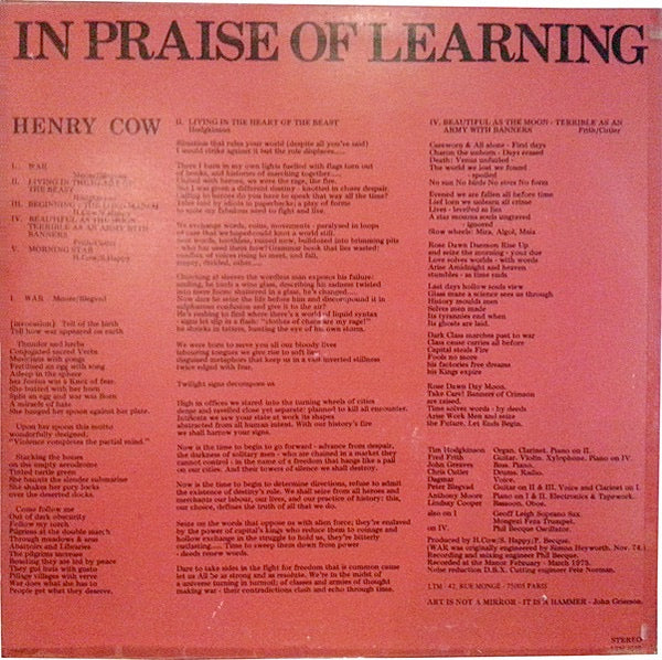 Image of Back Cover of 4814002C: LP - HENRY COW, SLAPP HAPPY, In Praise Of Learning (LTM; LTM 1010, France 1978 Reissue) Strong VG, Lightest of marks and glossy vinyl, Sleeve has a little spine damage   VG/VG