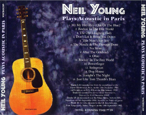 Image of Back Cover of 4734353E: CD - NEIL YOUNG, Plays Acoustic In Paris (Not On Label (Neil Yo; NYCD111289, Europe 1996, Jewel Case, Inner)   EX/VG+