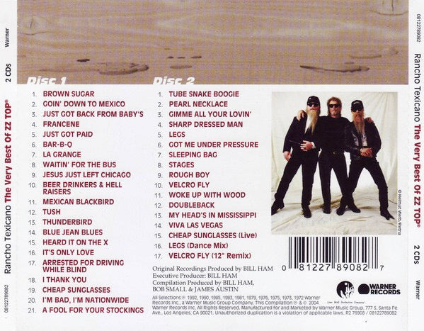 Image of Back Cover of 4814022C: 2xCD - ZZ TOP, Rancho Texicano: The Very Best Of ZZ Top (Warner Records; R2 78908 / 08122789082, Europe 2004 Reissue, Double CD Case, Booklet)   VG+/VG+