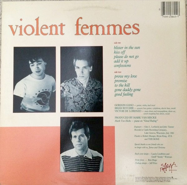 Image of Back Cover of 4724361E: LP - VIOLENT FEMMES, Violent Femmes (Slash Cream With Red Logo; 23845-1, US 1984 Reissue, Inner, Allied Pressing, Repress)   VG+/VG