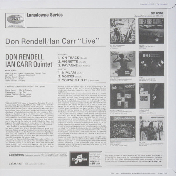 Image of Back Cover of 4844080S: LP - THE DON RENDELL / IAN CARR QUINTET, Live (Jazzman; JMANLP 110X, UK 2019, Flipback Sleeve, Inner)   VG+/VG+