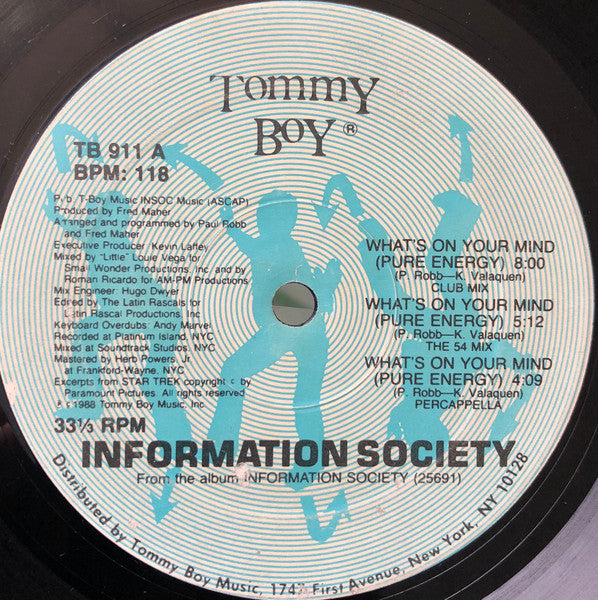 Image of Label Cover of 4824008E: 12" - INFORMATION SOCIETY, What's On Your Mind (Pure Energy) (Tommy Boy; , US 1988) Paint marks, hairline marks  /G+