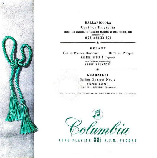 Image of Front Cover of LP - VG/VG+ - ANDRE CLUYTENS, MARTHA ANGELICI, QUATUOR PASCAL, Dallapiccola: Canti Di Prigiona, Delage: Quatre Po mes Hindous, Berceuse Phoque, Guarnieri: String Quartet No. 2 (Columbia; 33CX 1353, UK ), Edge Wear, Small Sticker Tear,  - 4724370E