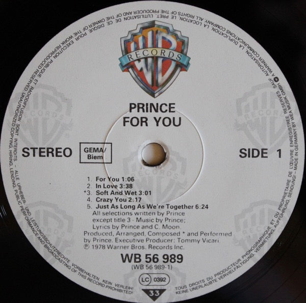 Image of Label Cover of 5124253E: LP - PRINCE, For You (Warner Bros. Records; WB K 56 989, Europe Reissue, Inner) Marks on disc. Plays well. Wear to edges of sleeve with mulyiple small creases & tape on spine.  VG/G+