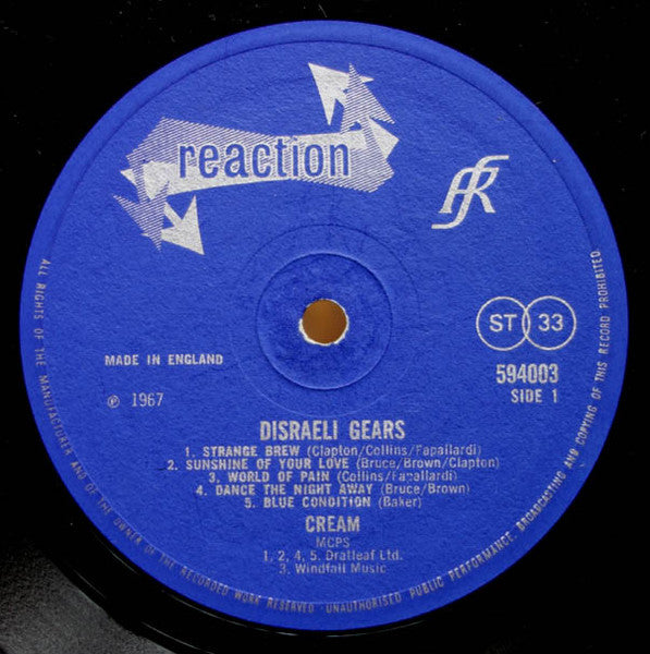 Image of Label Cover of 2324360E: LP - CREAM, Disraeli Gears (Reaction; 594003, UK 1967, Laminated Sleeve Front and Back, Stereo)   VG/G+