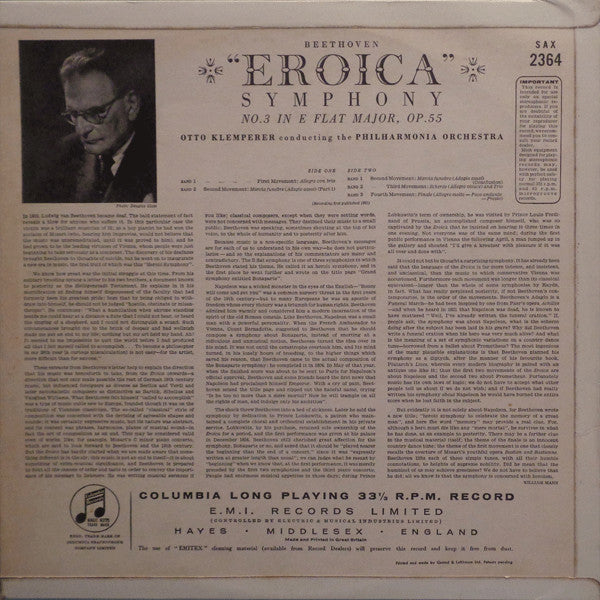 Image of Back Cover of 4724371E: LP - OTTO KLEMPERER, PHILHARMONIA ORCHESTRA, Beethoven: Symphony No 2. Coriolan And Prometheus Overtures. (Columbia Red With Dark Semi Circle Notes Logo; SAX 2331, UK , Laminated Flipback Sleeve, Company Inner) Gold Stereo Sticker on Front Sleeve  VG/VG+