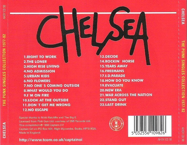 Image of Back Cover of 4814027C: CD - CHELSEA, The Punk Singles Collection 1977-82 (Captain Oi!; AHOY CD 98, UK 1998, Jewel Case, Booklet)   VG+/VG+