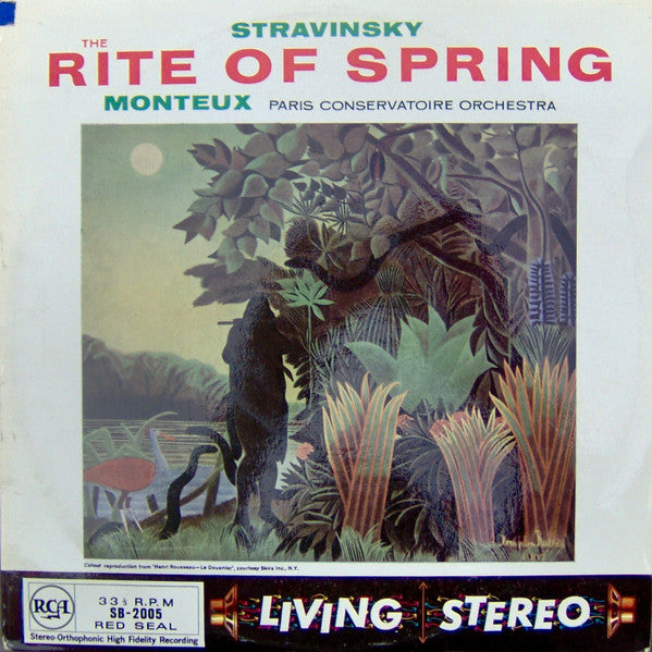 Image of Front Cover of 4724372E: LP - PIERRE MONTEUX, PARIS CONSERVATOIRE ORCHESTRA, Stravinsky:The Rite Of Spring = Le Sacre Du Printemps (RCA Silver Spot/Red Seal; SB-2005, UK 1959, Laminated Front Pasteback Sleeve) Edge and Ring Wear, Slight Stain To Bottom Left of Sleeve  G+/VG