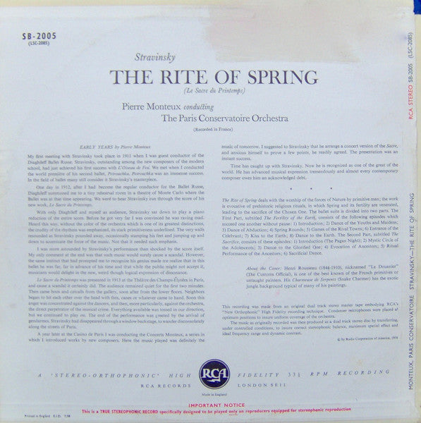 Image of Back Cover of 4724372E: LP - PIERRE MONTEUX, PARIS CONSERVATOIRE ORCHESTRA, Stravinsky:The Rite Of Spring = Le Sacre Du Printemps (RCA Silver Spot/Red Seal; SB-2005, UK 1959, Laminated Front Pasteback Sleeve) Edge and Ring Wear, Slight Stain To Bottom Left of Sleeve  G+/VG