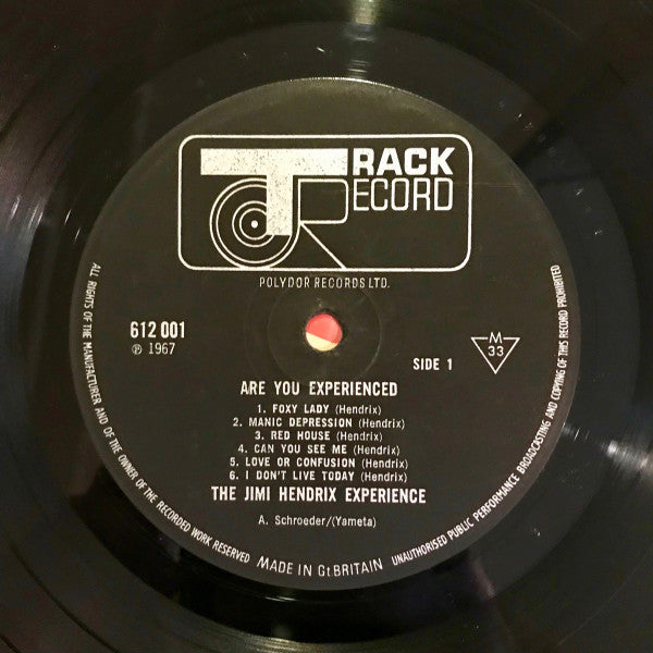 Image of Label of 3544188S: LP - THE JIMI HENDRIX EXPERIENCE, Are You Experienced (Track; 612001, UK 1967, Laminated Front Sleeve, Mono) Heavy creasing and edge wear. Spine is split but cover is still intact at top and bottom. Heavy wear on disc.   G/G