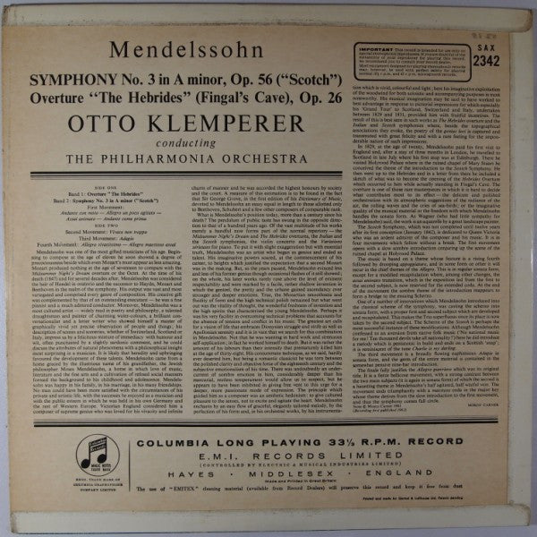 Image of Back Cover of 4724373E: LP - OTTO KLEMPERER, PHILHARMONIA ORCHESTRA, Mendelssohn: Symphony No. 3 "Scotch,"/ Hebrides Overture (Columbia; SAX 2342, UK 1961, Laminated Flipback Sleeve) Edge Wear, Strong VG  VG/VG