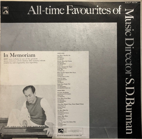Image of Back Cover of LP - VG/VG - S.D. BURMAN, All-Time Favorites Of Music Director S.D. Burman (In Memoriam) (His Master's Voice; EALP 4074, India 1975), ,  - 0746122S