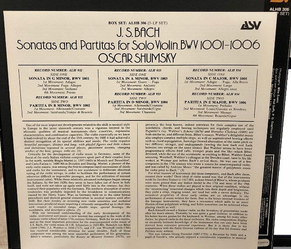 Image of Back Cover of 4724376E: 3xLP - OSCAR SHUMSKY, Bach: The Complete Sonatas And Partitas For Solo Violin (ASV; ALHB 306, UK 1983, Box Set, Booklet) Box Comnpletely Intact, But Showing Some Edge and Corner Wear.  VG/VG+