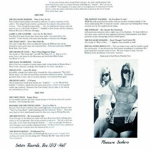 Image of Back Cover of 4844180S: LP - VARIOUS, What A Way To Die (15 Forgotten Losers From The Mid 60's) (Satan Records; SR 1313, US 1983) Light wear to sleeve and disc.  VG/VG